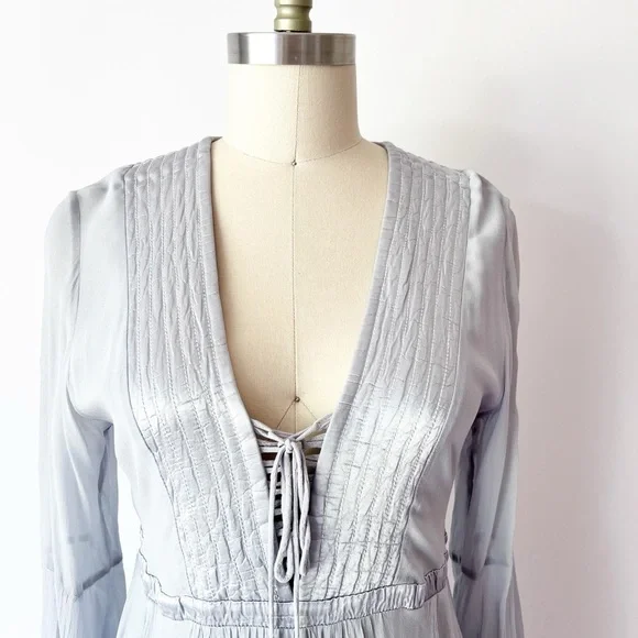 Anthropologie GHOST London Bell Sleeve Light Blue Gray Dress Button Back - Picture 3 of 9